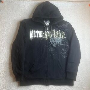 Y2K Metal Mulisha men's black full zip Sherpa lined hoodie grunge skulls aop xl